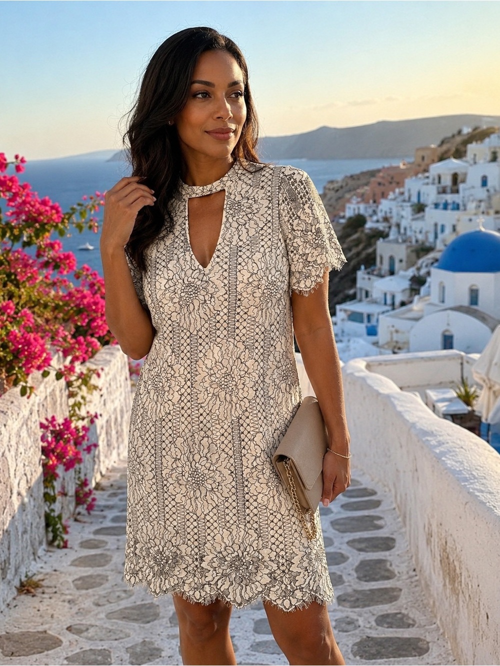 Socialite White Lace Midi Dress with Black Floral Overlay